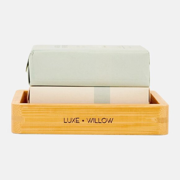 NEW Luxe + Willow 3 pc Sage & Vetiver Oatmeal Bar Soap Set With Bamboo Soap Tray - Picture 1 of 2